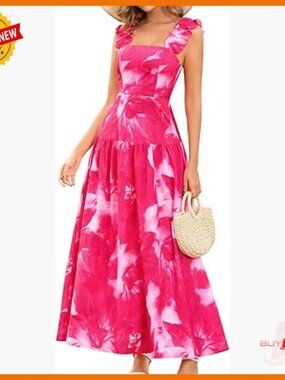 Floral Maxi Dress Ruffle Straps Square Neck Smocked Back A-Line